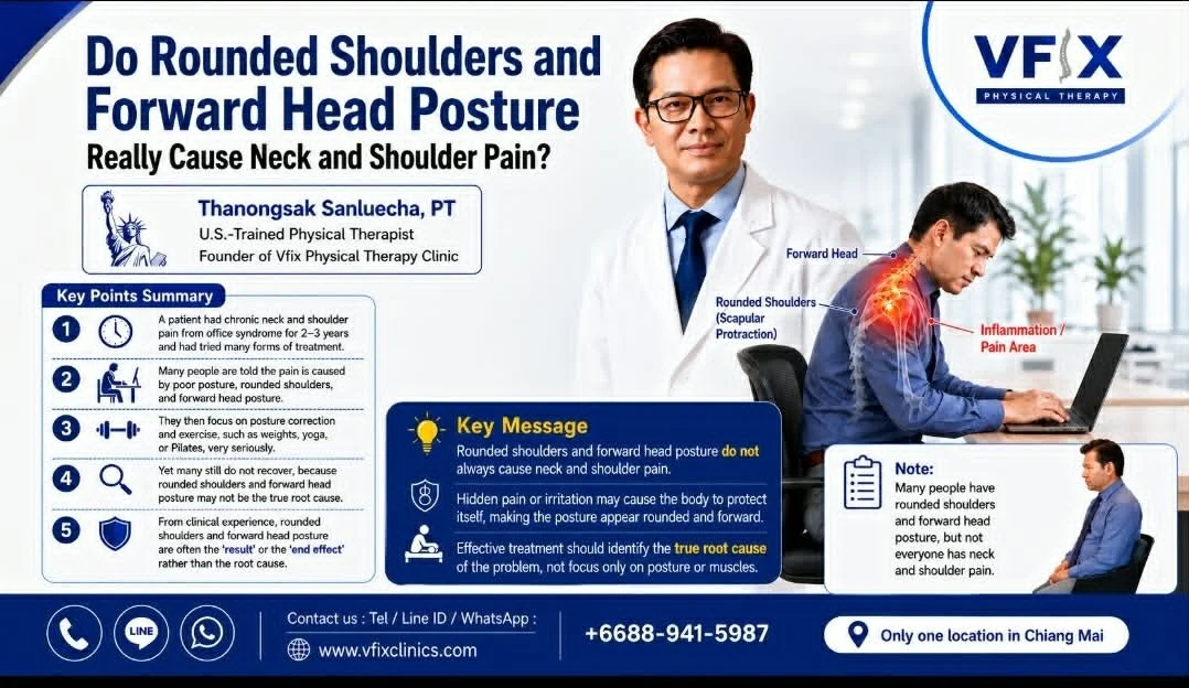 Vfix Clinic infographic by US-trained PT Thanongsak Sanluecha explaining if rounded shoulders and forward head posture cause neck pain. Shows a man at a des with highlighted neck inflammation.