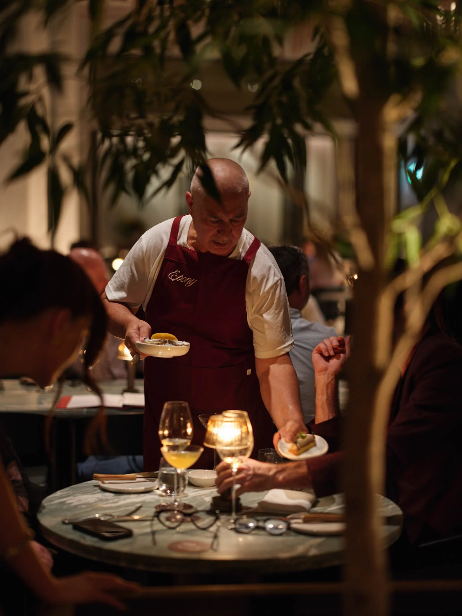 A waiter serving food at a restaurant, seen through a leafy decor in a dimly lit setting, with glasses of wine and candles on the table.