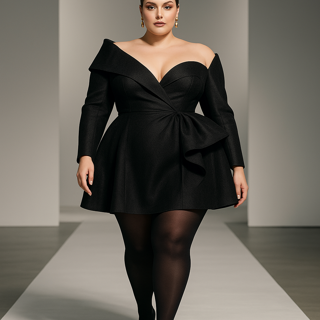 A high-end plus-size fashion model, female, posing confidently on a minimalist runway. She has a str.jpeg