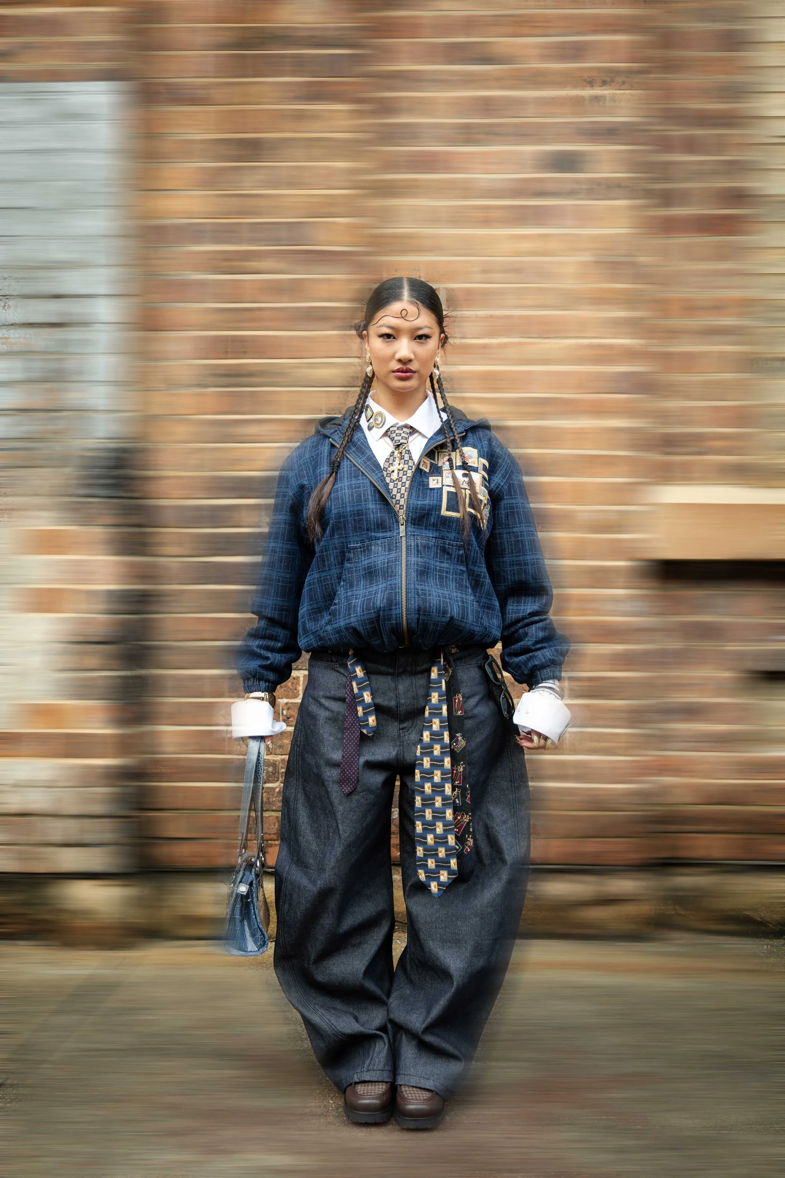 Young woman standing against a brick wall, wearing a blue plaid hoodie, wide-leg jeans, and patterned accessories.