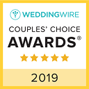 2019 WeddingWire Couples' Choice Awards badge with five stars and blue, black, and yellow design elements.