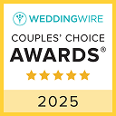 WeddingWire Couples Choice Awards 2025 badge with five gold stars and teal, black, white, and yellow colors.