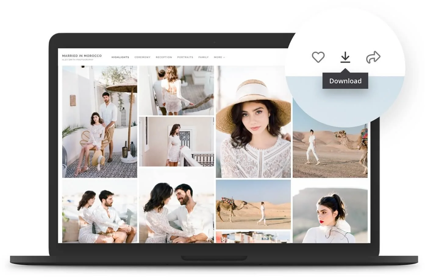 Laptop screen displaying a photography website with images of a couple in white clothing in desert and indoor settings, and a woman in a wide-brimmed hat.