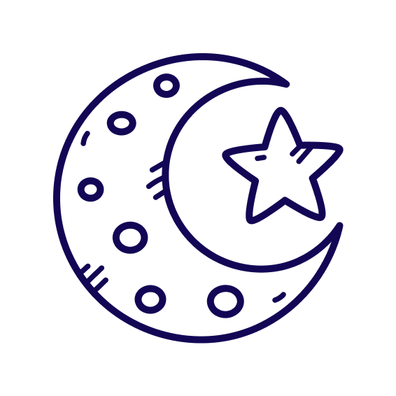 Line drawing of a crescent moon with a star, surrounded by small circular patterns, in dark blue on a black background.
