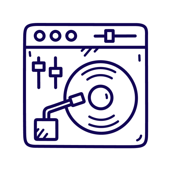 Outline drawing of a DJ turntable with controls, including sliders and a record, representing music or audio equipment.