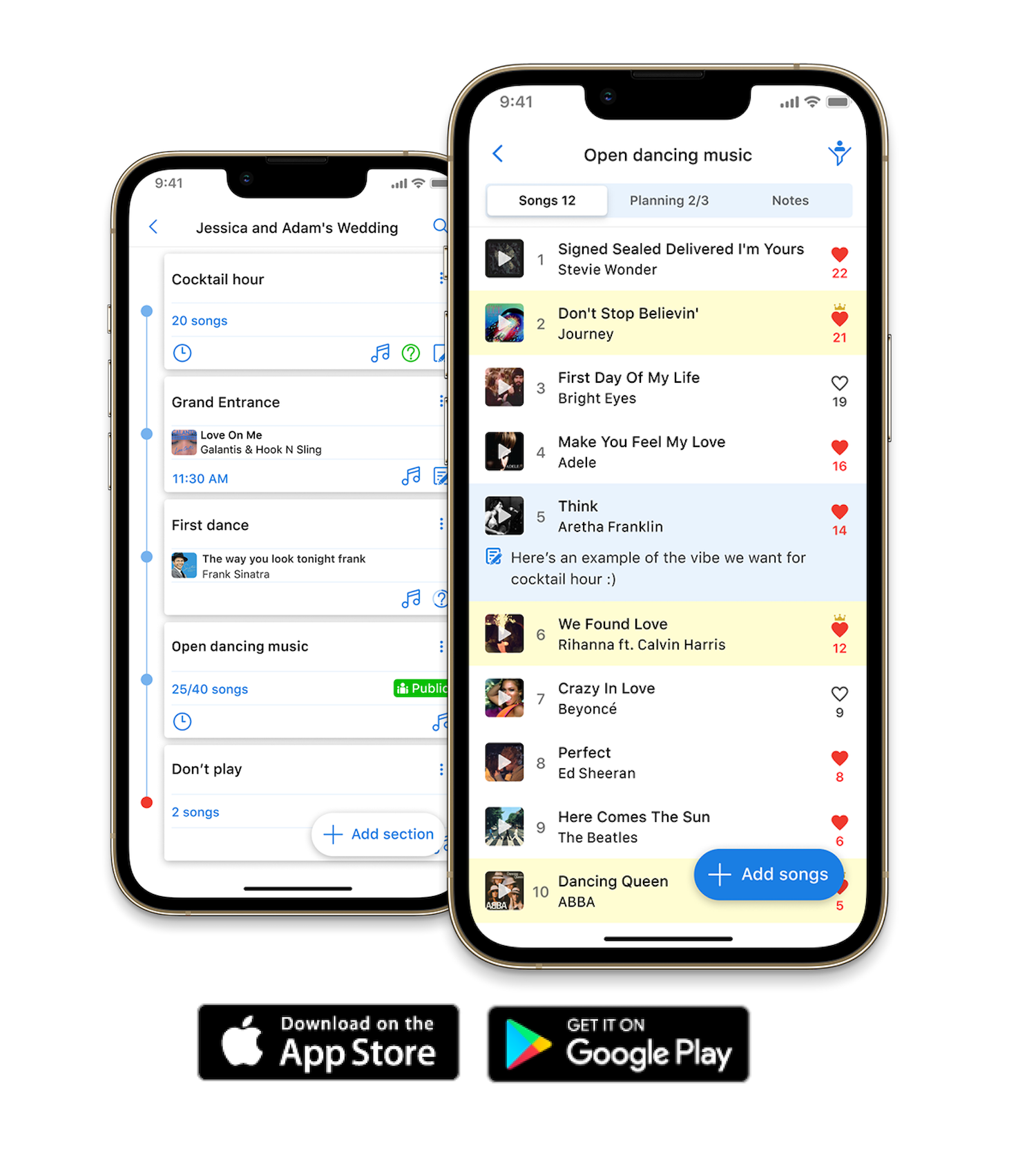 Two smartphones displaying music playlist apps, one labeled 'Jessica and Adam's Wedding' and the other 'Open dancing music,' with various songs listed. The image includes app store download buttons for Apple App Store and Google Play.