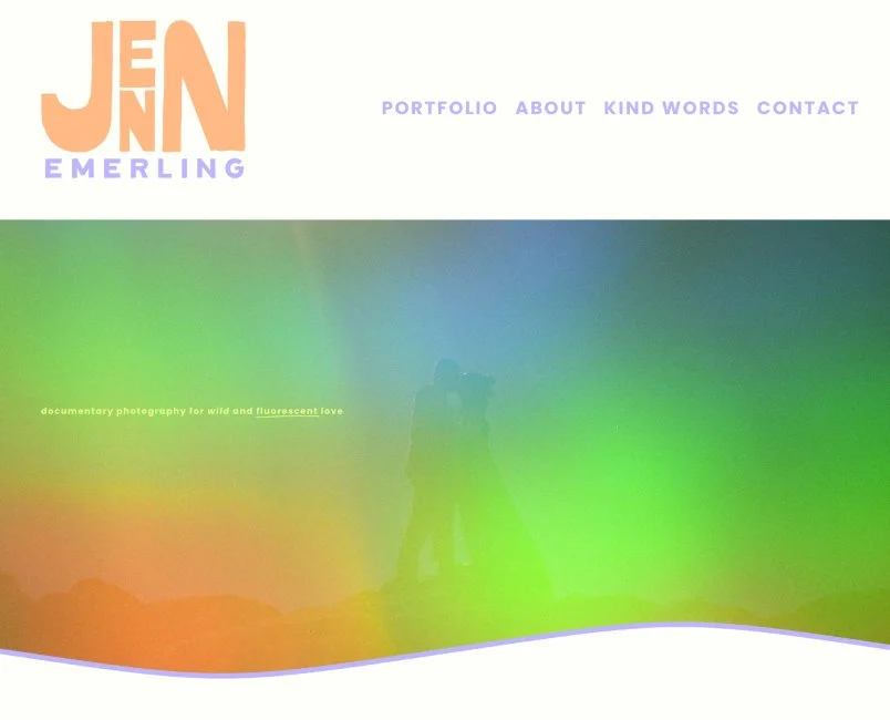 A colorful website homepage for Jen Emmerling featuring a rainbow gradient background with a faint image of a couple, and text links labeled Portfolio, About, Kind Words, Contact, along with her name and logo.