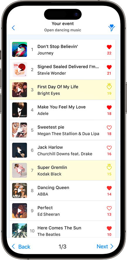 A smartphone screen displaying a playlist of songs for an event titled 'Open dancing music', with song titles, artists, and heart icons showing likes.