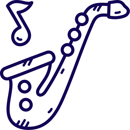 Line drawing of a saxophone and musical note.