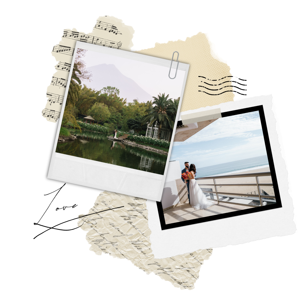 Two overlapping photographs on a collage background. The top photo shows a scenic view of a park with trees, a small pond, and mountains in the background. The bottom photo features a couple on a balcony overlooking the beach, with the woman in a wedding dress and the man in a suit, holding a bouquet.