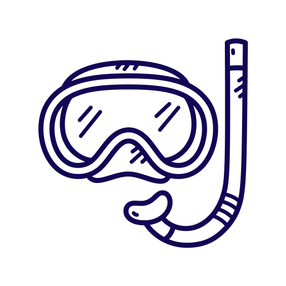 Illustration of a snorkel mask and snorkel tube.