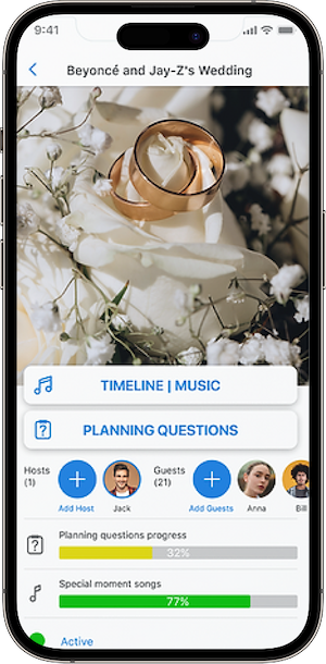 Mobile app screen displaying a wedding planning event named 'Beyoncé and Jay-Z's Wedding,' with options for music, planning questions, and guest management. The background shows a candle surrounded by flowers.