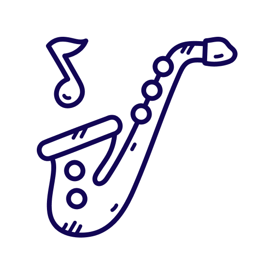 Line drawing of a saxophone with a musical note above it.