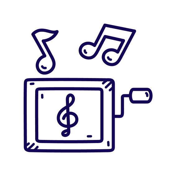 Drawing of a virtual music player with musical notes coming out.