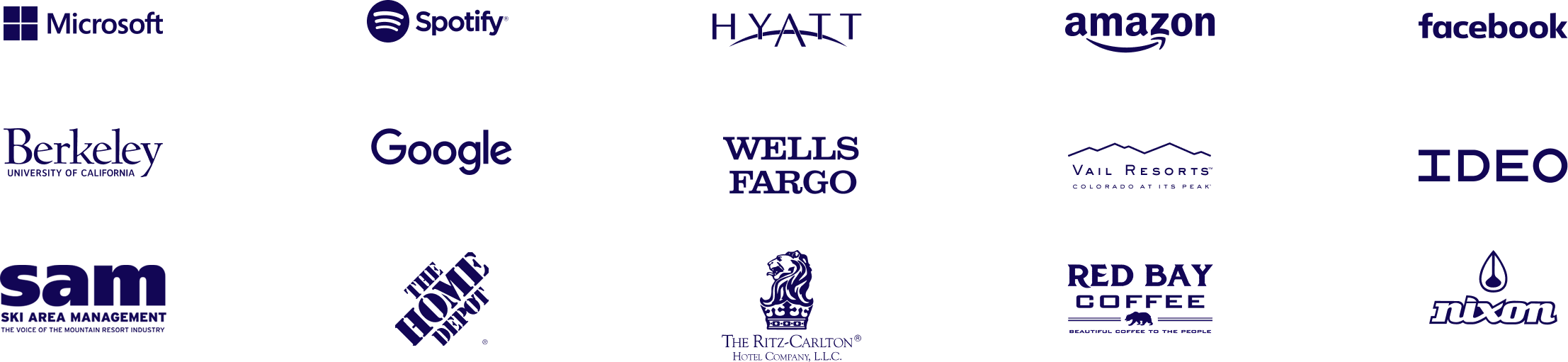 A collection of various company logos in dark purple on a black background, including Microsoft, Spotify, Hyatt, Amazon, Facebook, Berkeley, Google, Wells Fargo, Vail Resorts, IDEO, The Home Depot, The Ritz-Carlton, Red Bay Coffee, and Mixxum.