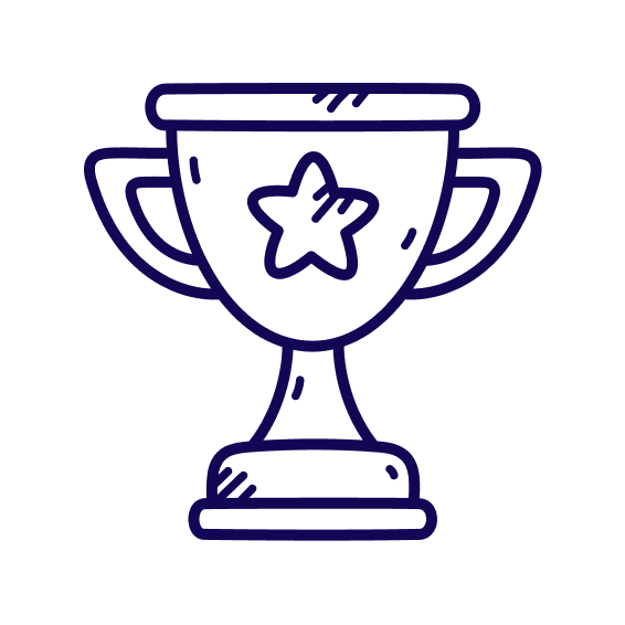 Blue line drawing of a trophy cup with a star on it, two handles, and a rounded base.