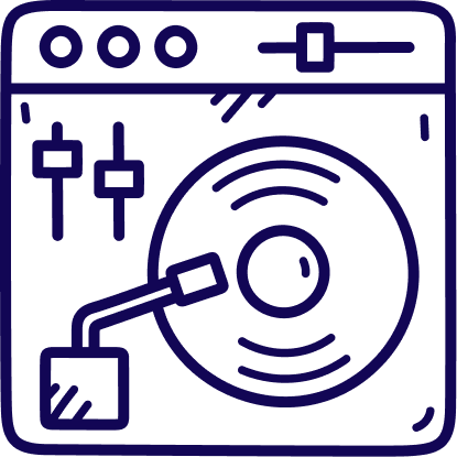 Illustration of a DJ turntable and mixer setup with controls and a record.