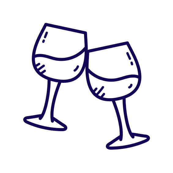 Line drawing of two wine glasses clinking together.