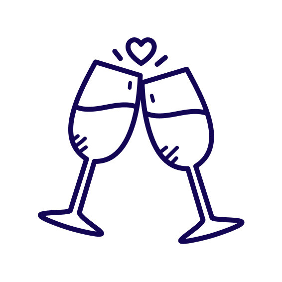 Illustration of two clinking champagne glasses with a heart above them.