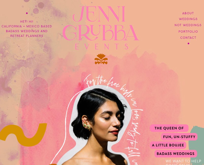 A woman with short black hair and colorful earrings, with text around her head reading "For the fierce bird in you." The background features pastel pink and peach hues with abstract watercolor designs and various menu options in pink and purple.
