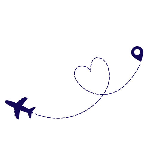 Airplane flying with dashed heart-shaped path leading to a location marker.