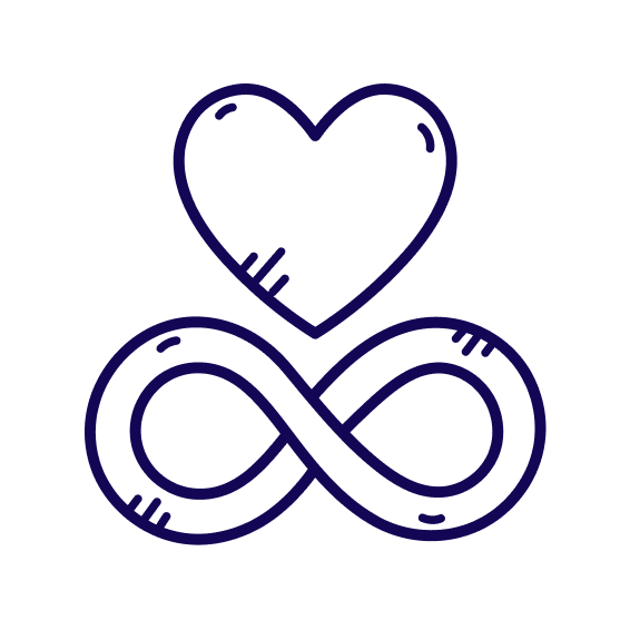 A white outline of a heart above an infinity symbol on a black background.
