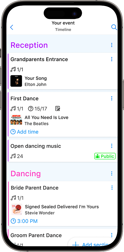 Screenshot of a smartphone displaying a wedding event playlist including reception, first dance, open dancing music, bride and groom dances, with song titles and guest access.