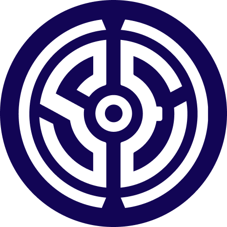 A circular logo with a central goal and a surrounding border in white and dark blue.