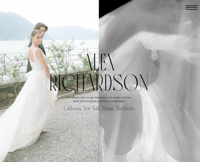 A split image with a bride in a wedding dress outdoors on the left, and a close-up of a wedding dress on the right. Overlaid text reads 'Alex Richardson' with a tagline about love, and locations including California, New York, Miami, and worldwide.