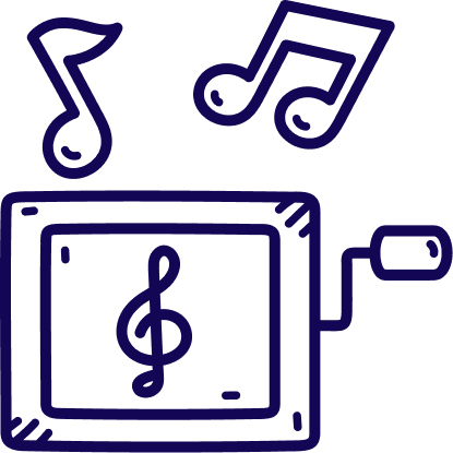 Line drawing of a music player with musical notes coming out of it.