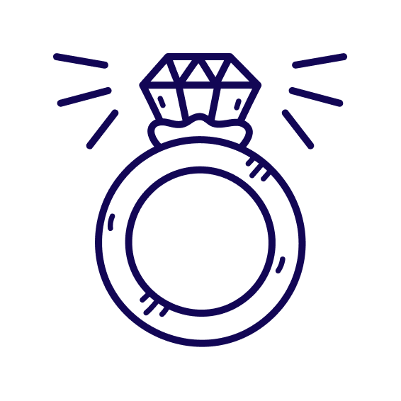 Line drawing of an engagement ring with a large gemstone.