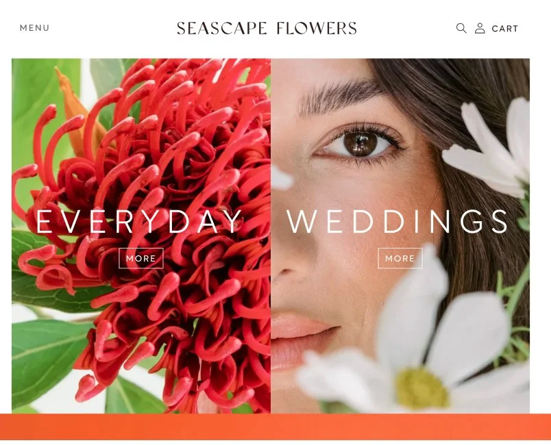 A webpage header for Seascape Flowers displaying two sections: one with a close-up image of a vibrant red and orange flower labeled 'Everyday' and another with a close-up of a woman's face surrounded by white flowers labeled 'Weddings'.
