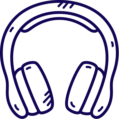 Outline drawing of over-ear headphones in dark blue.