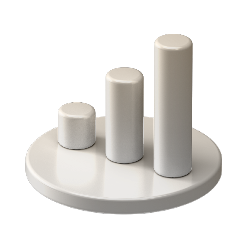A 3D white circular base with three white cylindrical bars of varying heights arranged in increasing order from left to right.
