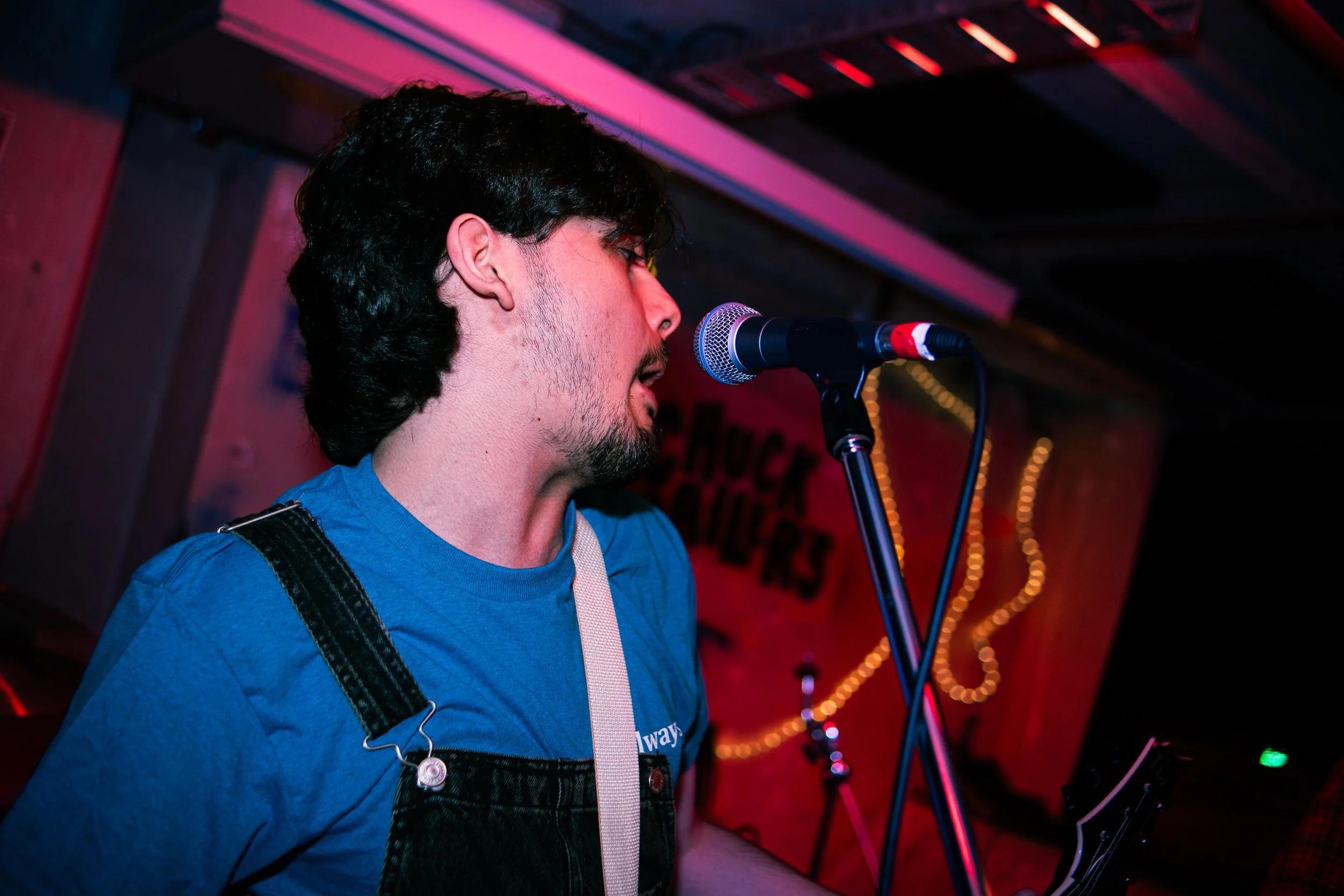 A man with dark hair and a beard singing into a microphone on a stage with colorful lights and a red background.