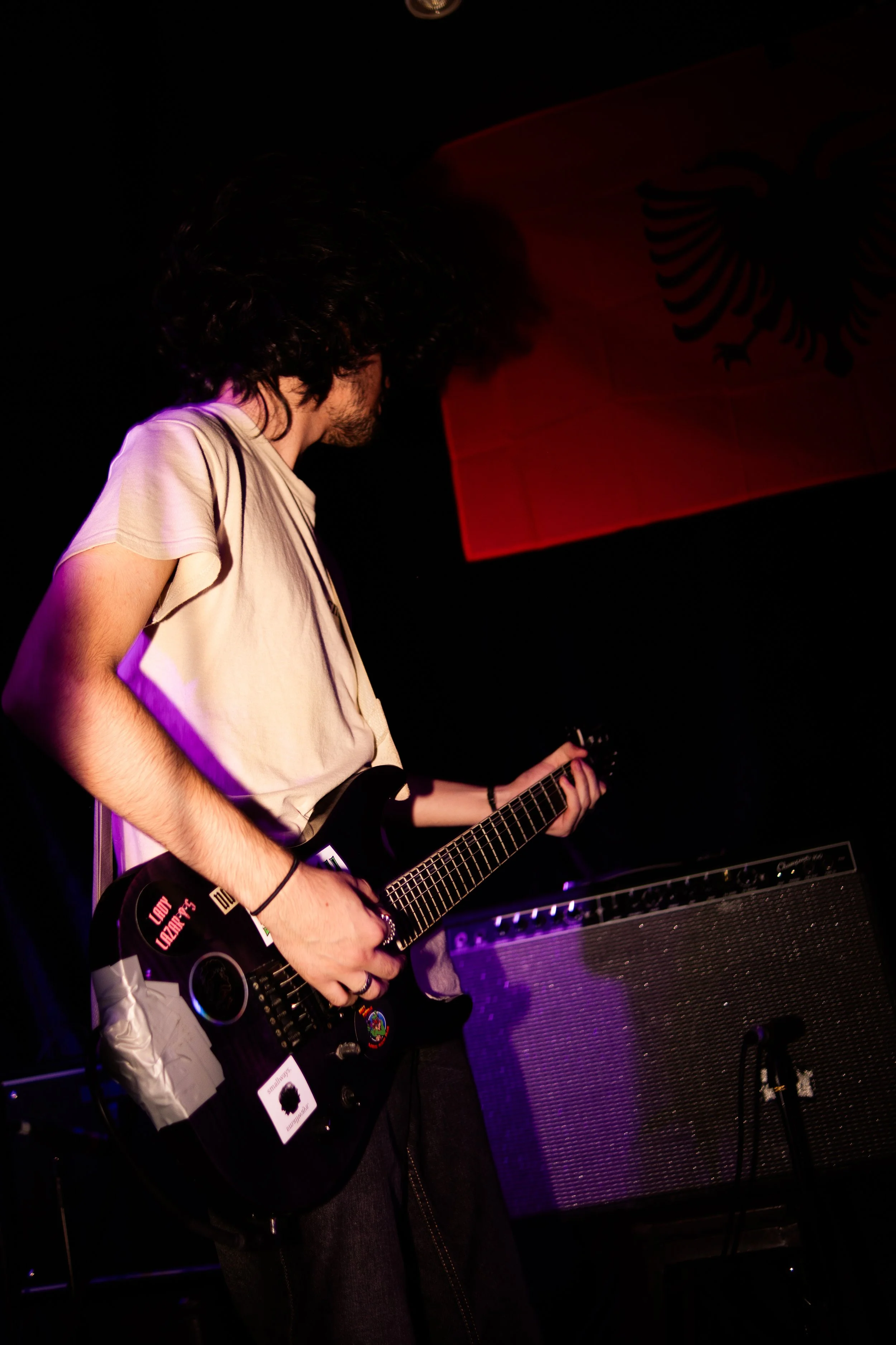 A young man with long dark hair playing an electric guitar on stage, with a black amplifier and a flag with a double-headed eagle in the background.