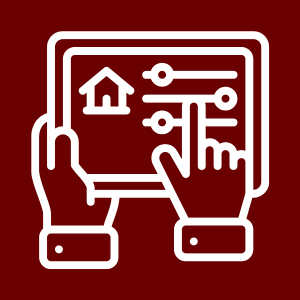 Line drawing of a person using a tablet with home automation controls, including a house icon and sliders.