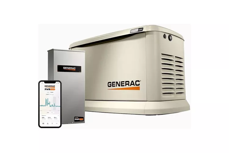 A Genrac generator with a connected mobile device displaying power usage data.