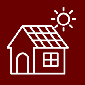 Icon of a house with solar panels on the roof, sun shining above, on a red background.