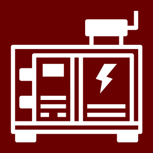 Simplified white outline of a generator on a dark red background.