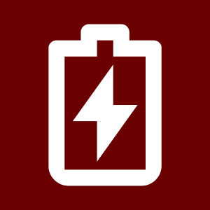 Battery icon with a lightning bolt, indicating low or no charge, on a red background.