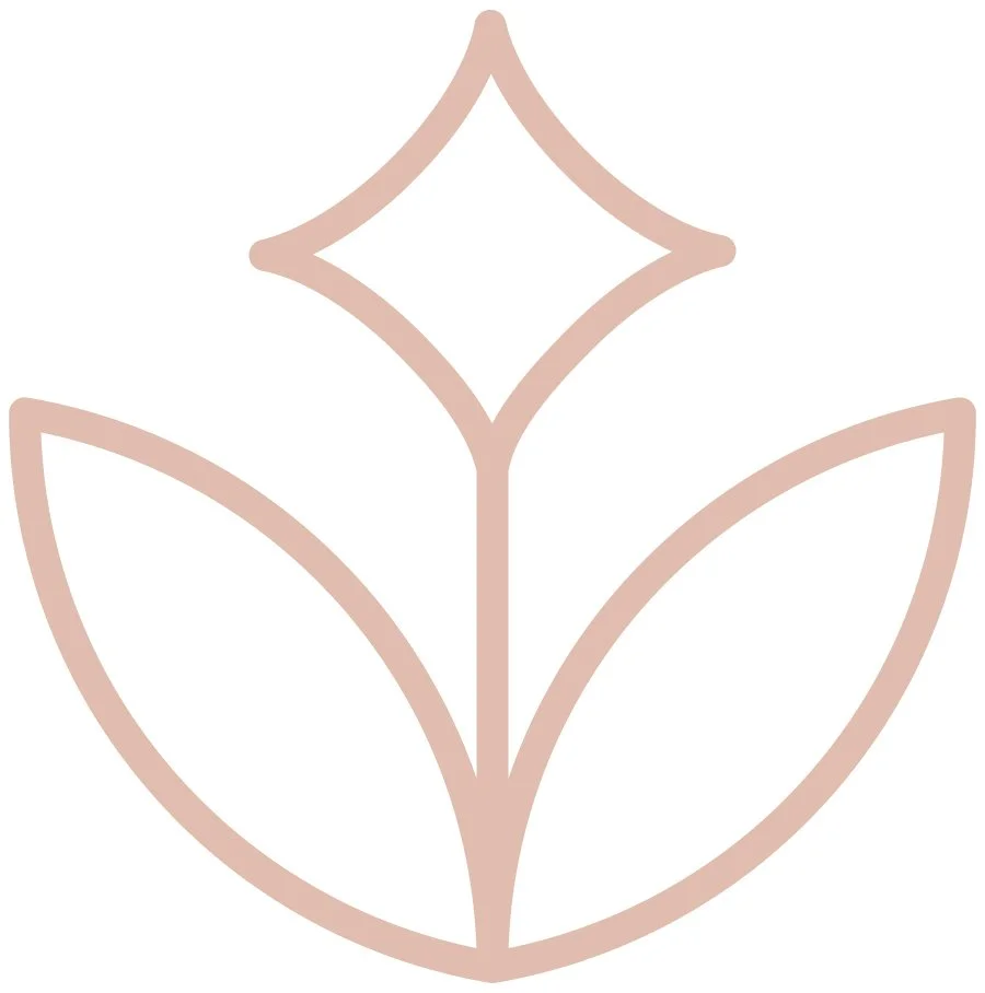 Minimalist line drawing of a flower with a diamond-shaped blossom and two large leaves.