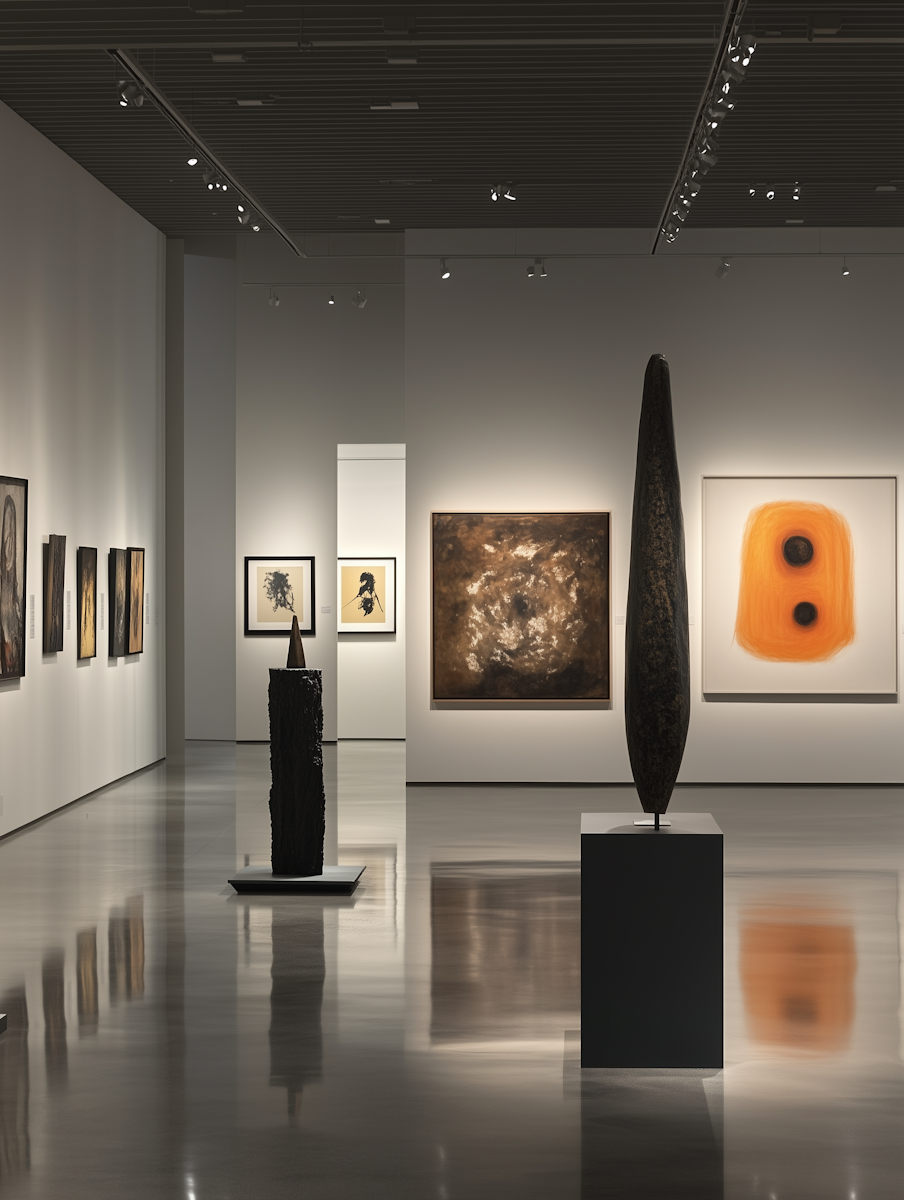 Moderner Kunstgalerie mit Skulpturen und Gemälden auf weißen Wänden, ruhiges Raumdesign, Spiegelung auf dem Boden.