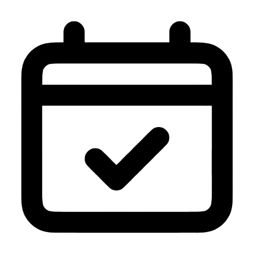 Kalendersymbol mit Häkchen, schwarz auf weißem Hintergrund.