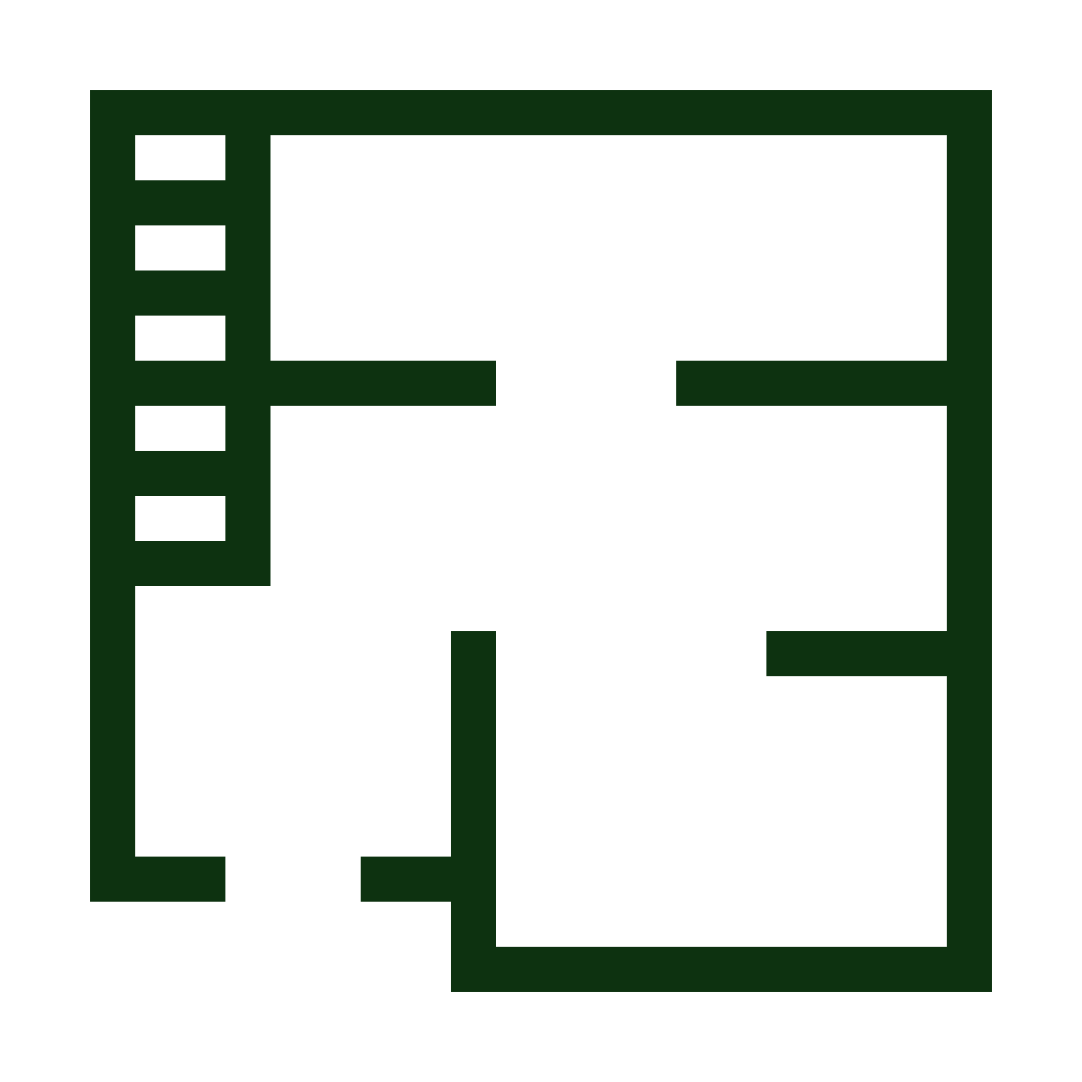 Ein Grundrissplan eines Hauses mit mehreren Zimmern, Fluren und Treppen, in grüner Linienzeichnung auf schwarzem Hintergrund.