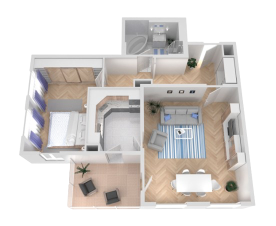 Grundriss einer Wohnung mit Wohnzimmer, Schlafzimmer, Küche, Bad und Balkon.