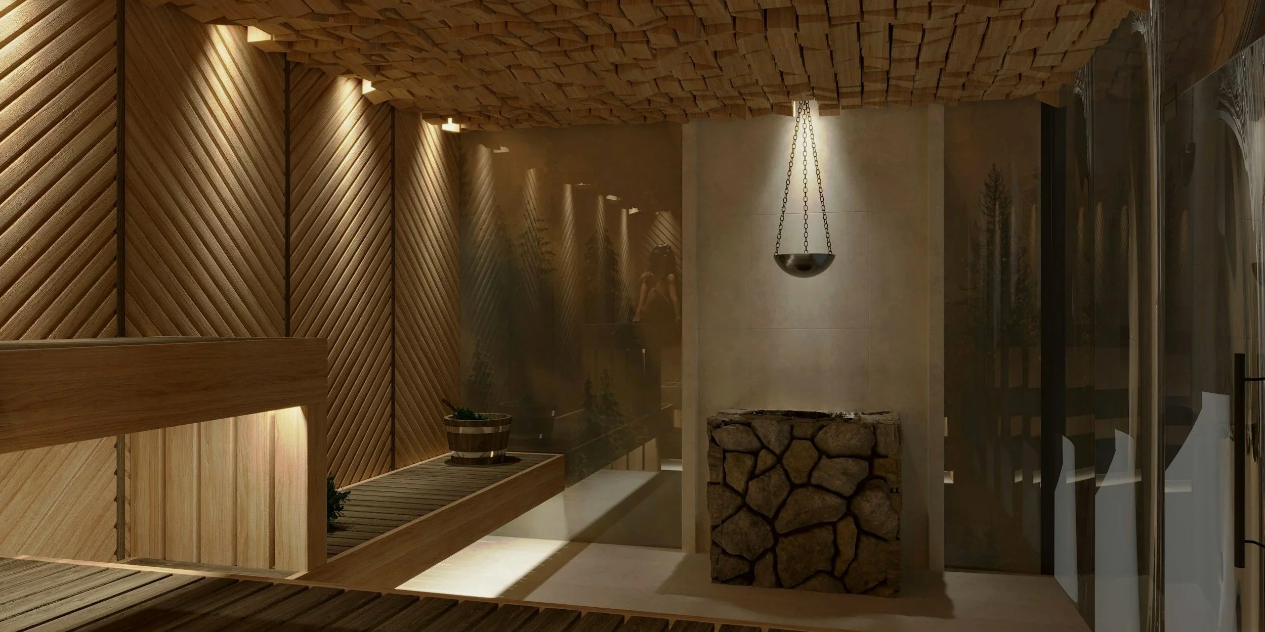 Innenraum mit Holzverkleidung, Stein- und Glasswänden, einer Pendelleuchte, einem Holzregal mit Pflanzen und einer Steinfigur.