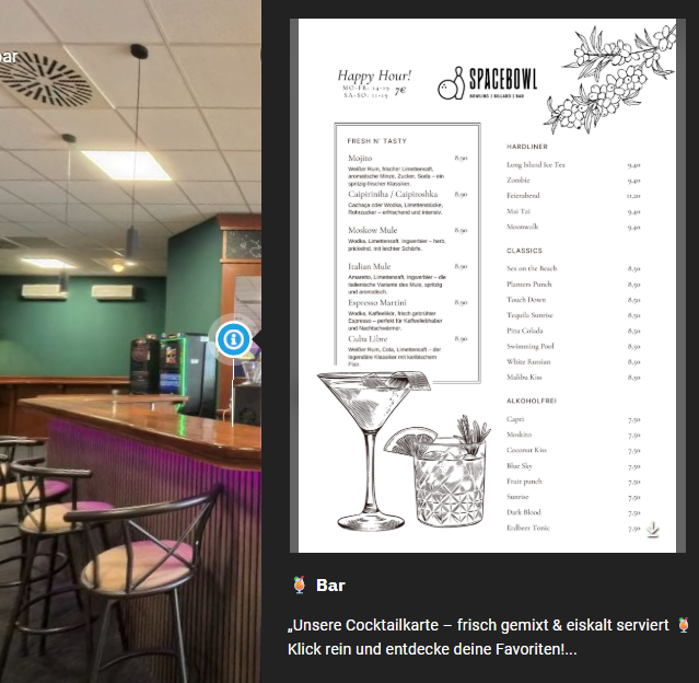 Getränkekarte mit Cocktails und Snacks im Spacebowl Bar.