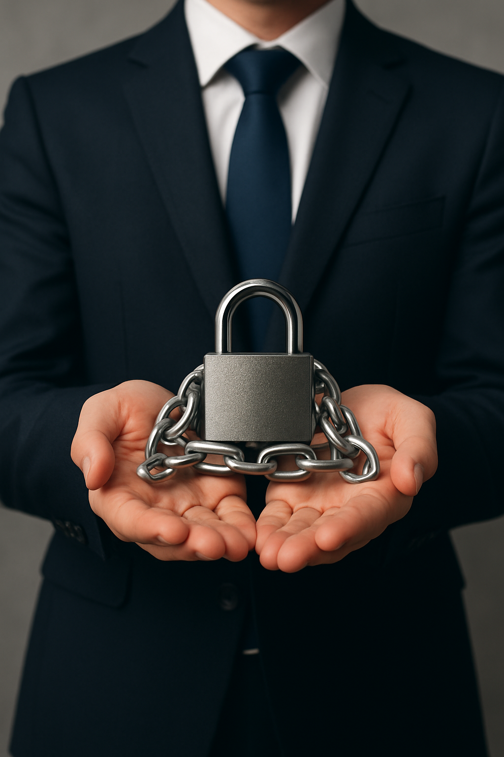 Mann in Anzug hält Handschließen, die mit einer Kette verbunden sind, symbolisiert Sicherheit und Datenschutz.