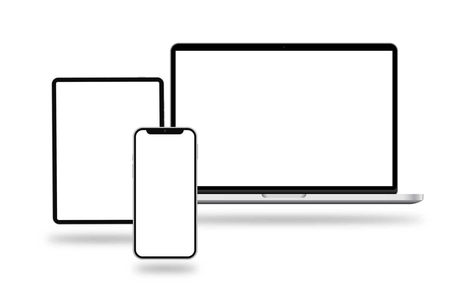 Verschiedene elektronische Geräte, darunter Laptop, Tablet und Smartphone, vor schwarzem Hintergrund.